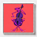 Ilustración de una rana rosada con manchas negras tocando un cello morado sobre fondo rojo, obra Coda de la colección Ranas Azules