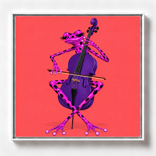 Ilustración de una rana rosada con manchas negras tocando un cello morado sobre fondo rojo, obra Coda de la colección Ranas Azules