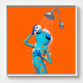 Ilustración de una rana azul y naranja duchándose sobre fondo naranja, obra Ritual de la colección Ranas Azules
