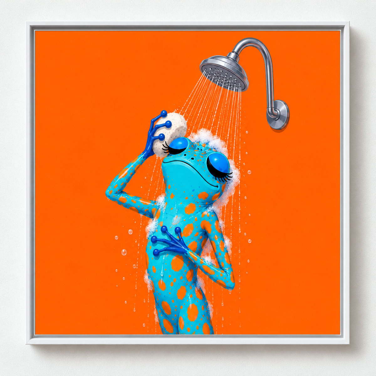 Ilustración de una rana azul y naranja duchándose sobre fondo naranja, obra Ritual de la colección Ranas Azules