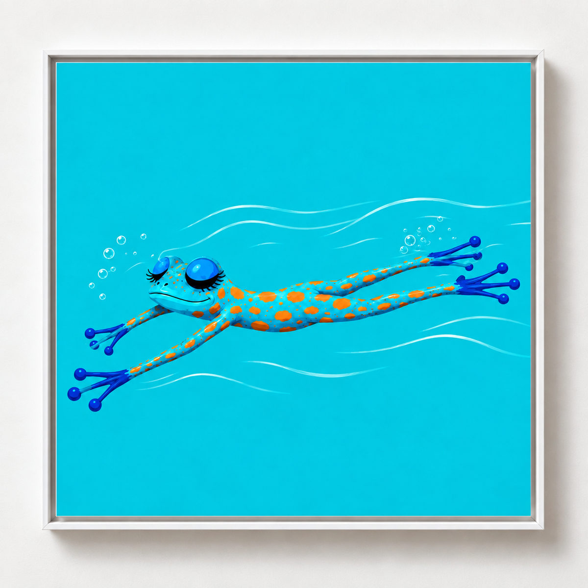 Ilustración de una rana azul y naranja nadando ingrávida sobre fondo azul turquesa, obra Ingrávida de la colección Ranas Azules