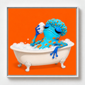 Ilustración de una rana azul y naranja tomando un baño de espuma sobre fondo naranja, obra Tregua de la colección Ranas Azules