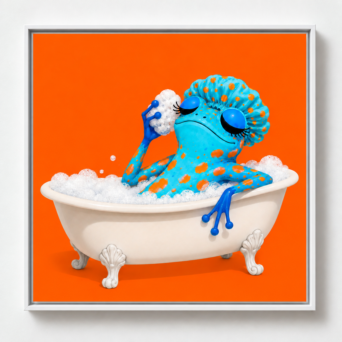 Ilustración de una rana azul y naranja tomando un baño de espuma sobre fondo naranja, obra Tregua de la colección Ranas Azules