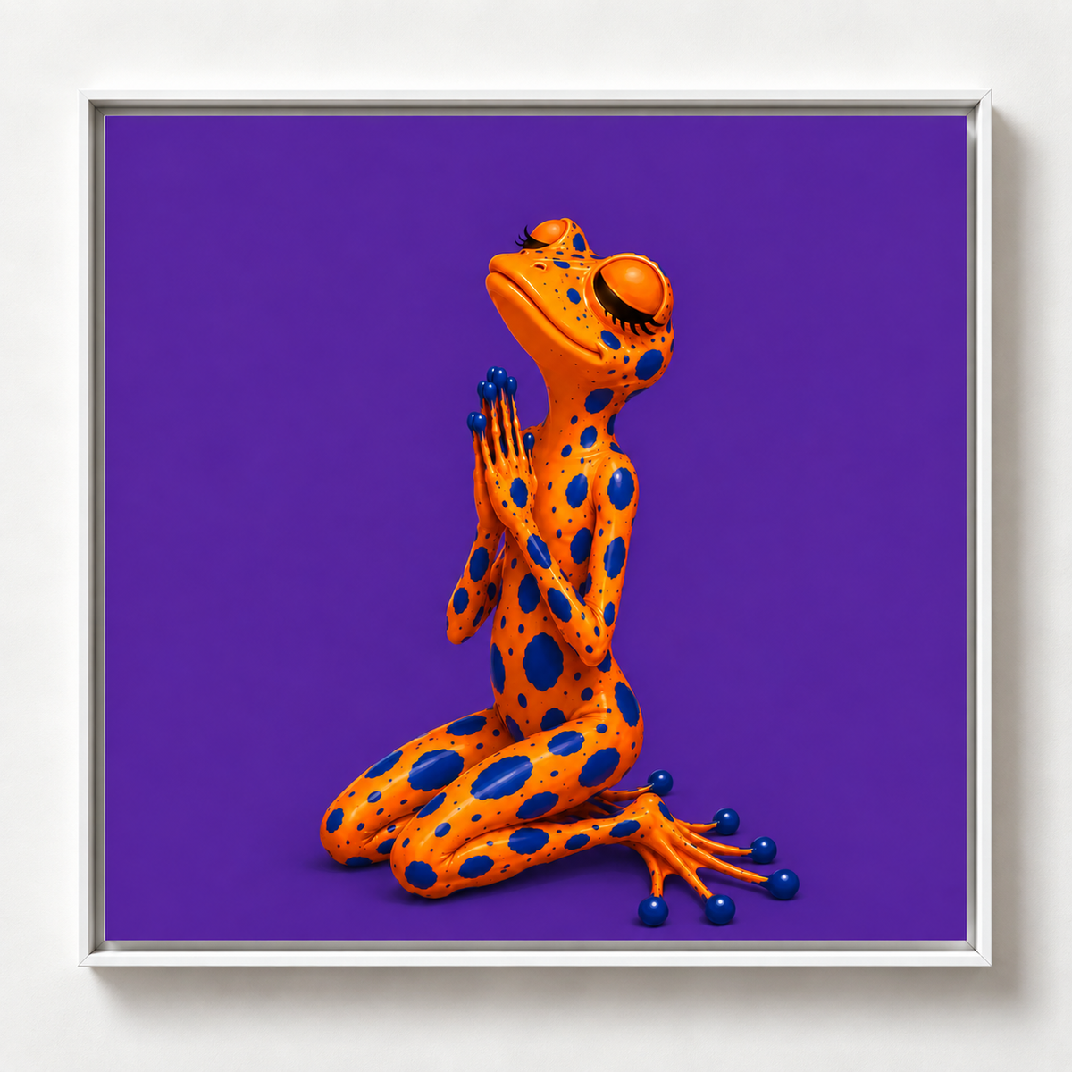 Ilustración de una rana naranja con manchas azules en posición de oración sobre fondo morado, obra Silencio de la colección Ranas Azules