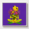 Ilustración de una rana amarilla con manchas verdes sosteniendo un ramo de flores sobre fondo morado, obra Recibir de la colección Ranas Azules