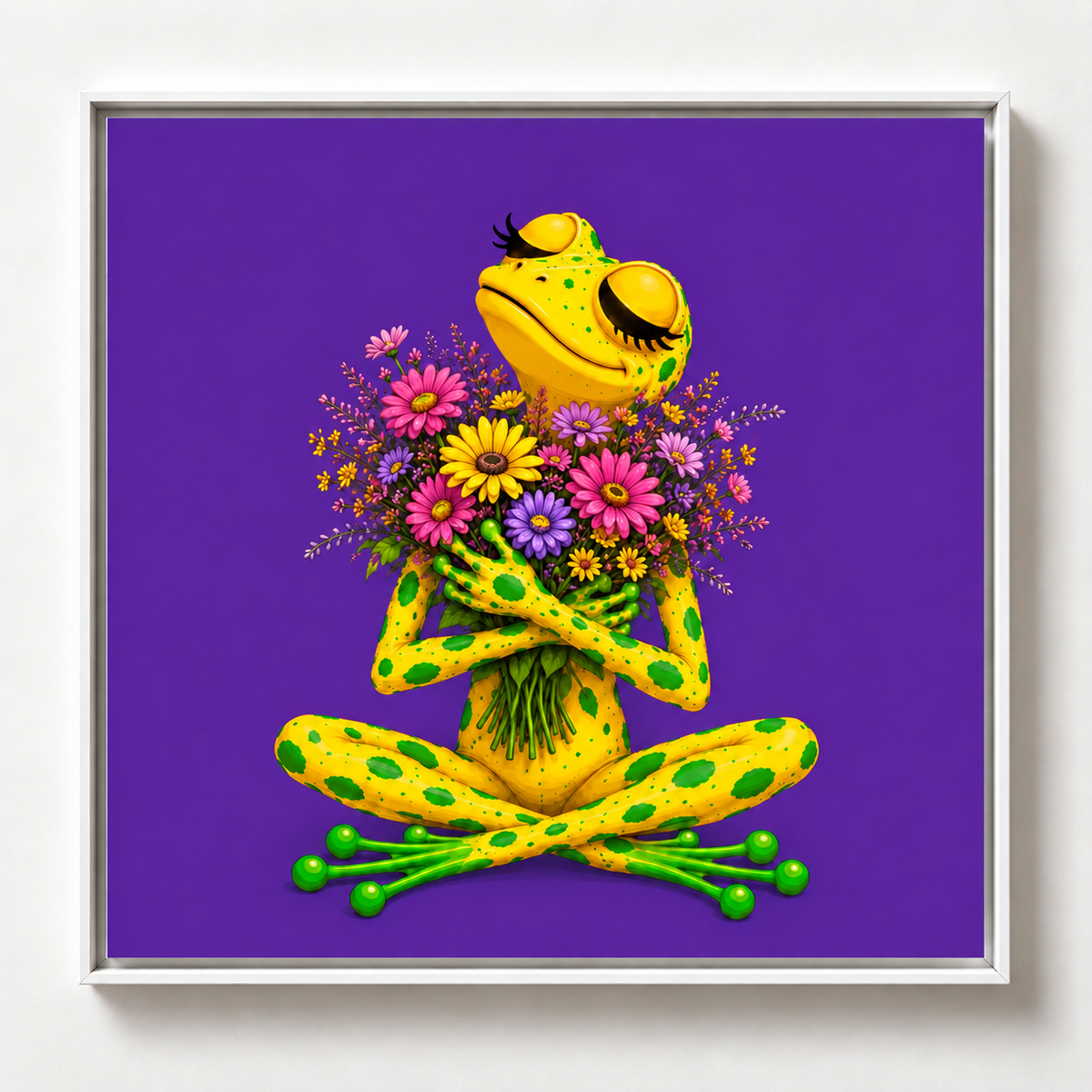 Ilustración de una rana amarilla con manchas verdes sosteniendo un ramo de flores sobre fondo morado, obra Recibir de la colección Ranas Azules