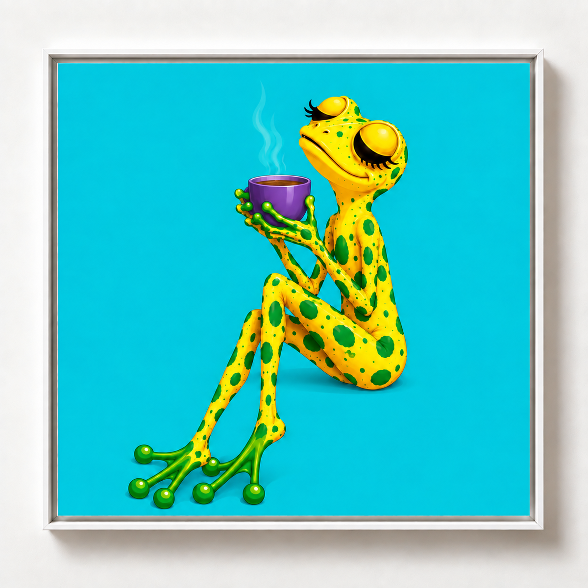 Ilustración de una rana amarilla con manchas verdes sosteniendo una taza morada humeante sobre fondo azul turquesa, obra Pausa de la colección Ranas Azules