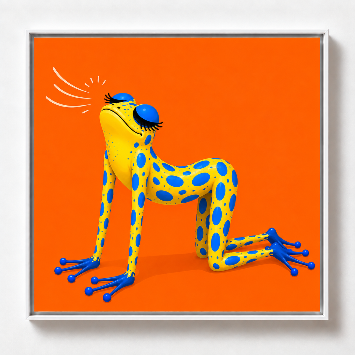 Ilustración de una rana amarilla con manchas azules respirando con los ojos cerrados sobre fondo naranja, obra Aire de la colección Ranas Azules
