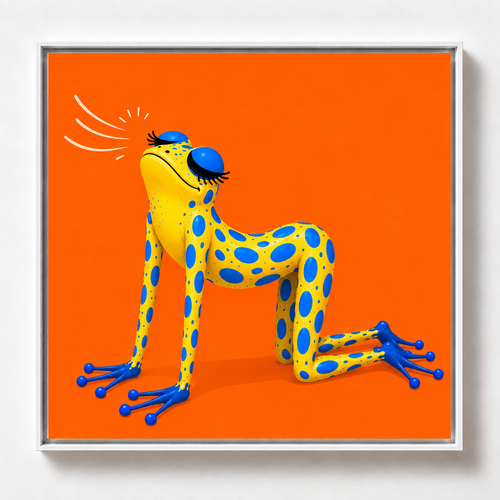Ilustración de una rana amarilla con manchas azules respirando con los ojos cerrados sobre fondo naranja, obra Aire de la colección Ranas Azules