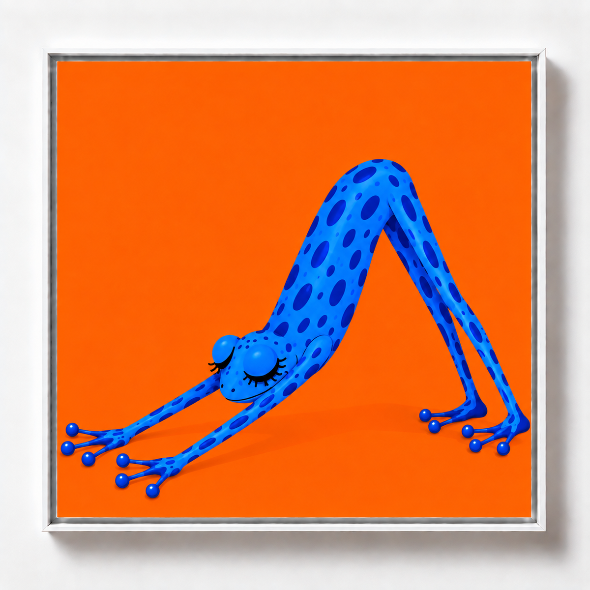 Ilustración de una rana azul estirada en pose de yoga sobre fondo naranja, obra Tierra de la colección Ranas Azules