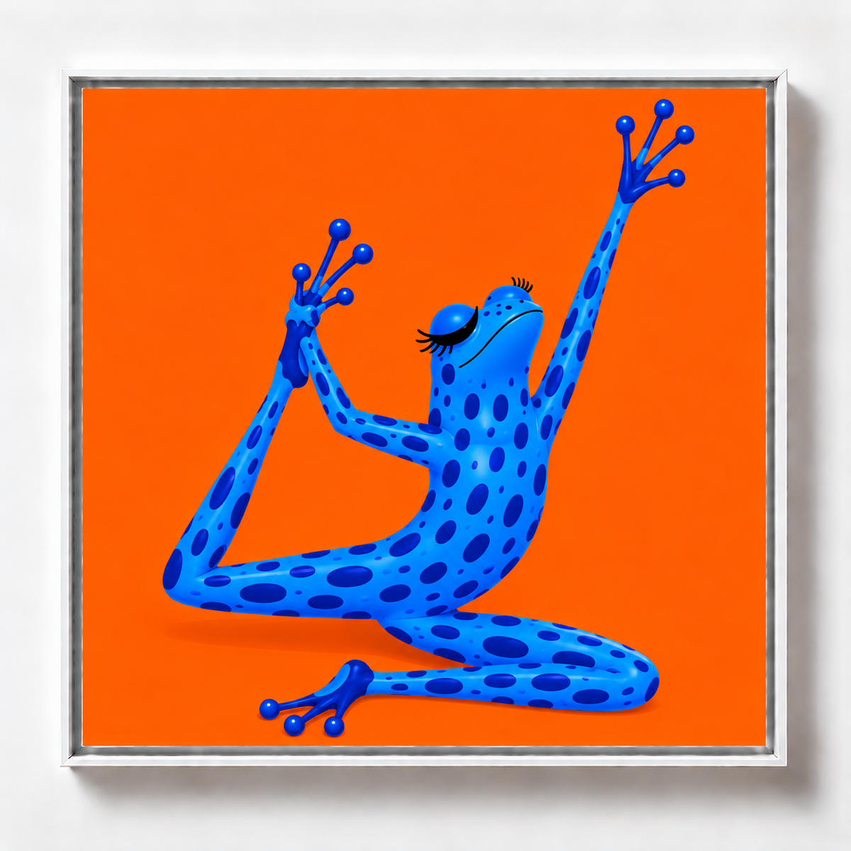 Ilustración de una rana azul estirando los brazos en pose de yoga sobre fondo naranja, obra Expansión de la colección Ranas Azules