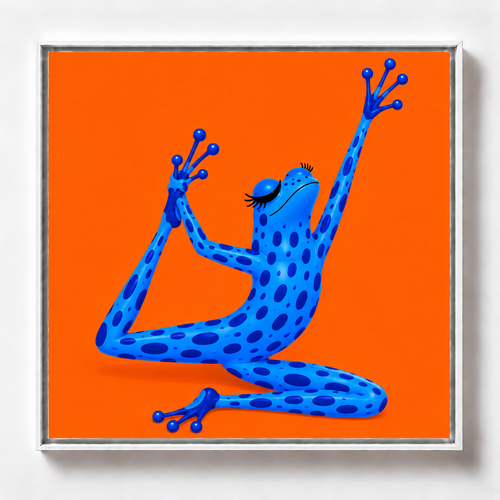 Ilustración de una rana azul estirando los brazos en pose de yoga sobre fondo naranja, obra Expansión de la colección Ranas Azules