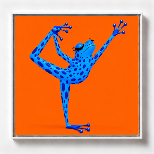 Ilustración de una rana azul en pose de yoga del bailarín sobre fondo naranja, obra Equilibrio de la colección Ranas Azules