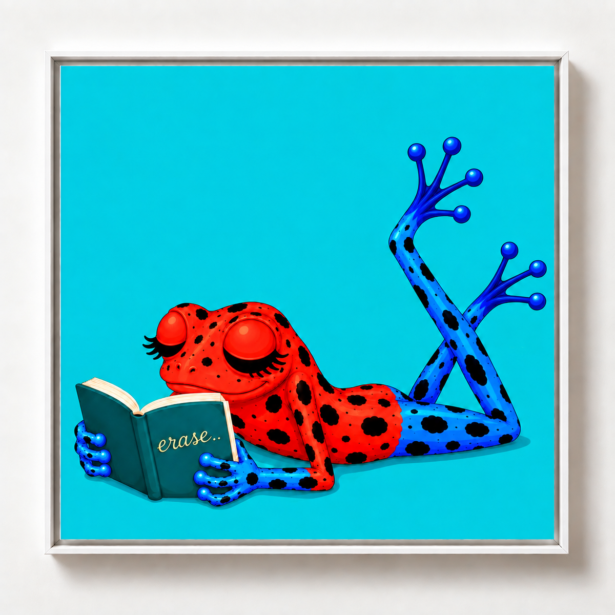 Ilustración de una rana roja con manchas negras y patas azules leyendo un libro sobre fondo azul turquesa, obra Érase de la colección Ranas Azules