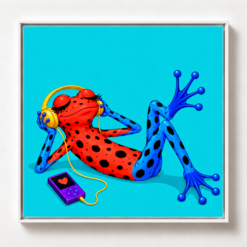 Ilustración de una rana roja con manchas negras y patas azules escuchando música con audífonos amarillos sobre fondo azul turquesa, obra Frecuencia de la colección Ranas Azules