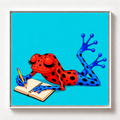 Ilustración de una rana roja con manchas negras y patas azules escribiendo en un cuaderno sobre fondo azul turquesa, obra Escribirme de la colección Ranas Azules