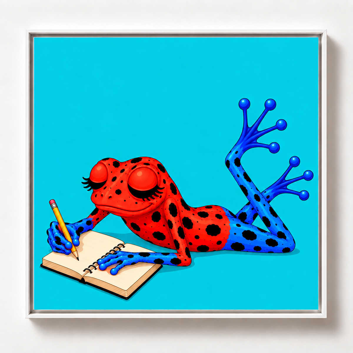 Ilustración de una rana roja con manchas negras y patas azules escribiendo en un cuaderno sobre fondo azul turquesa, obra Escribirme de la colección Ranas Azules