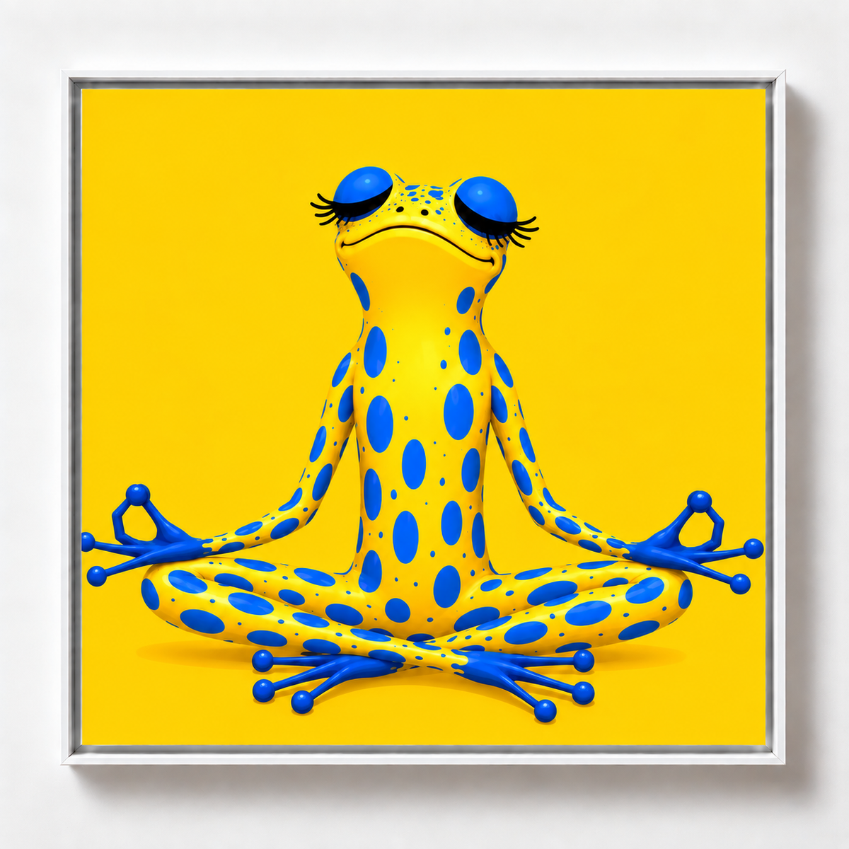 Ilustración de una rana amarilla con manchas azules meditando en posición de loto sobre fondo amarillo, obra Centro de la colección Ranas Azules