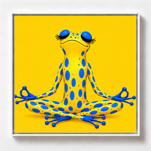 Ilustración de una rana amarilla con manchas azules meditando en posición de loto sobre fondo amarillo, obra Centro de la colección Ranas Azules